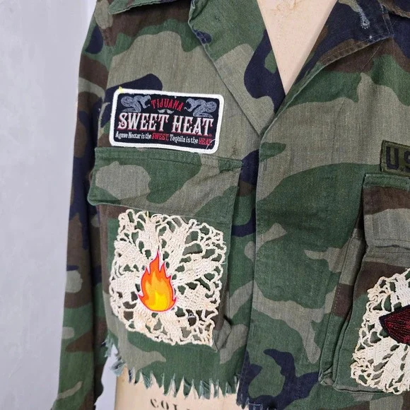 Upcycled sweet heat vintage army jacket lace patches womens OS - Picture 2 of 7